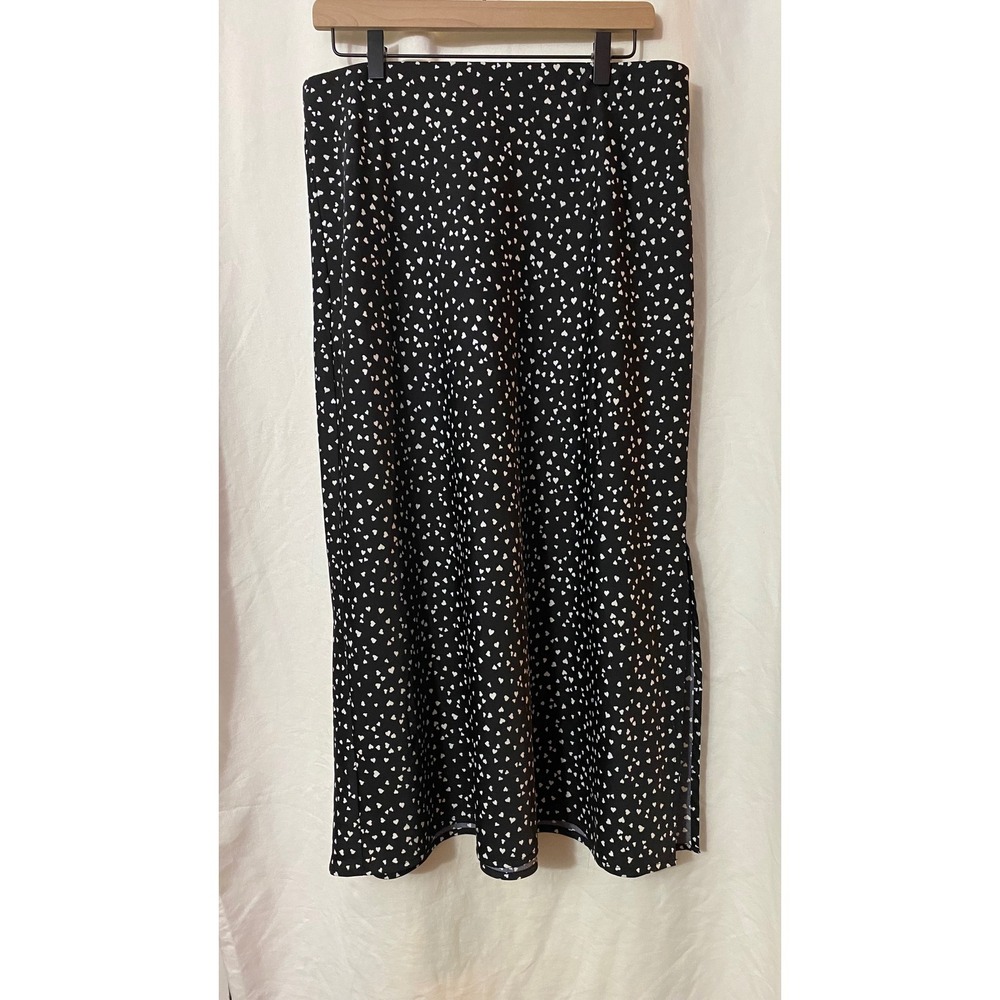 A New Day Black White Heart Print Cotton Midi Skirt Large Side Slit Elastic